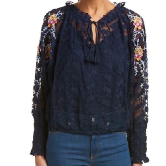FREE PEOPLE shirt Jubilee Lace Embroidered Top Blue NWT medium NEW - Picture 2 of 6